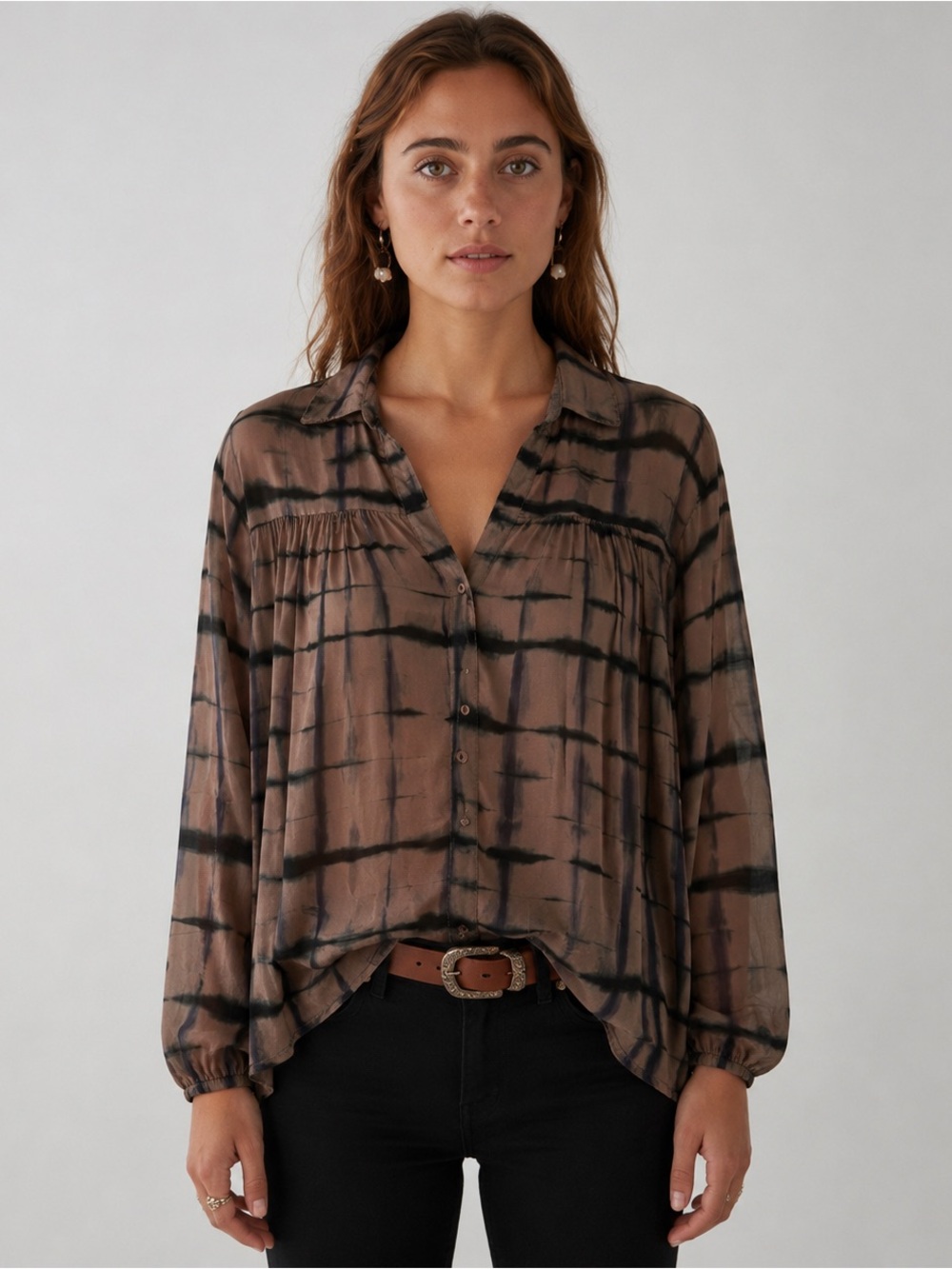 Maison Hotel Tie Dye Grid Viscose Button Front Blouse Brown Black L